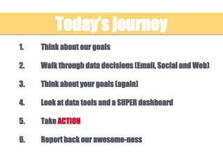Today’s journey
1. Think about our goals
2. Walk through data decisions (Email, Social and Web)
3. Think about your goals (again)
4. Look at data tools and a SUPER dashboard
5. Take ACTION
6. Report back our awesome-ness
 