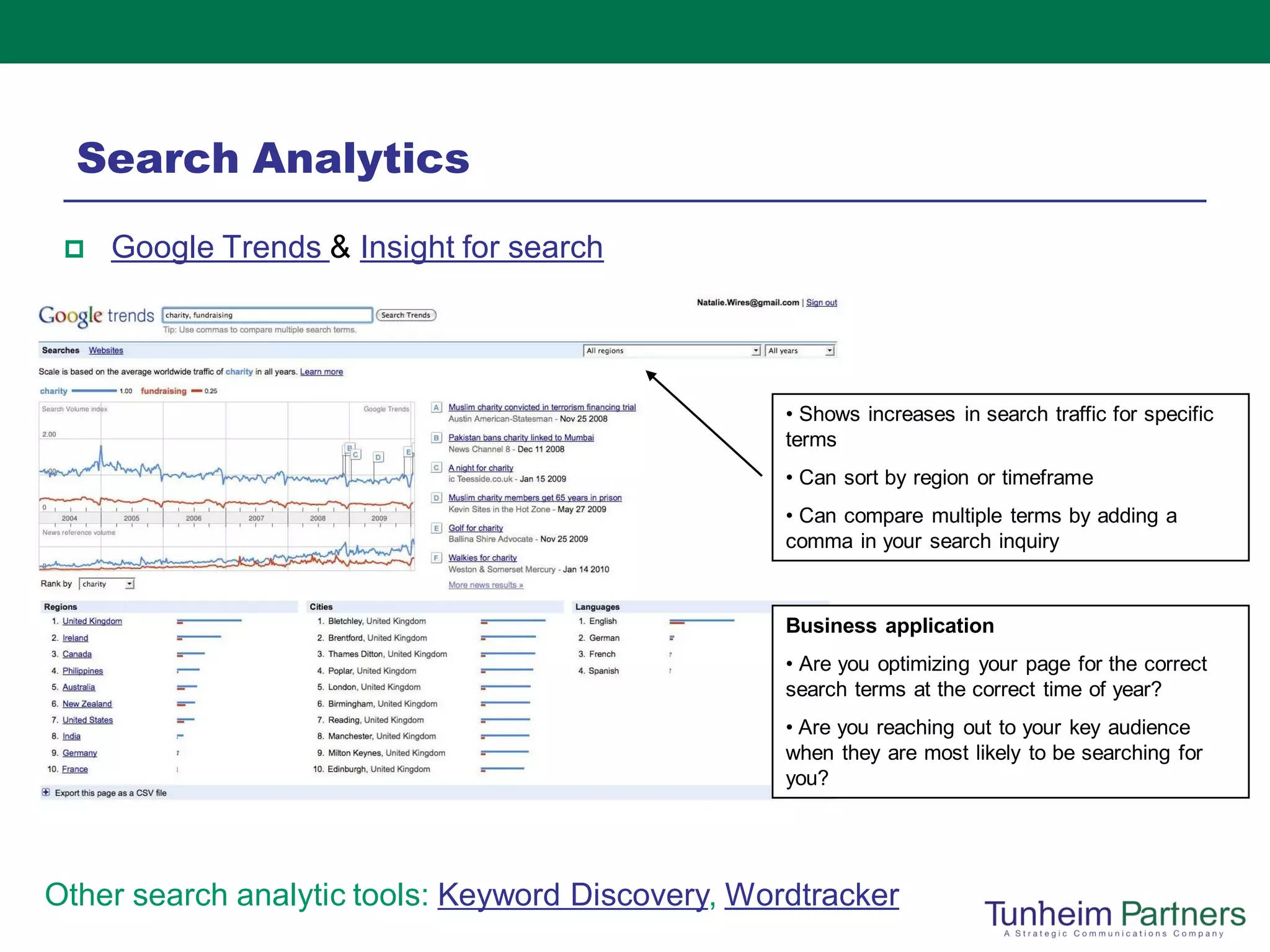 Search Analytics
    Google Trends & Insight for search




                                                   • Shows increases in search traffic for specific
                                                   terms
                                                   • Can sort by region or timeframe
                                                   • Can compare multiple terms by adding a
                                                   comma in your search inquiry



                                                   Business application
                                                   • Are you optimizing your page for the correct
                                                   search terms at the correct time of year?
                                                   • Are you reaching out to your key audience
                                                   when they are most likely to be searching for
                                                   you?




Other search analytic tools: Keyword Discovery, Wordtracker
 