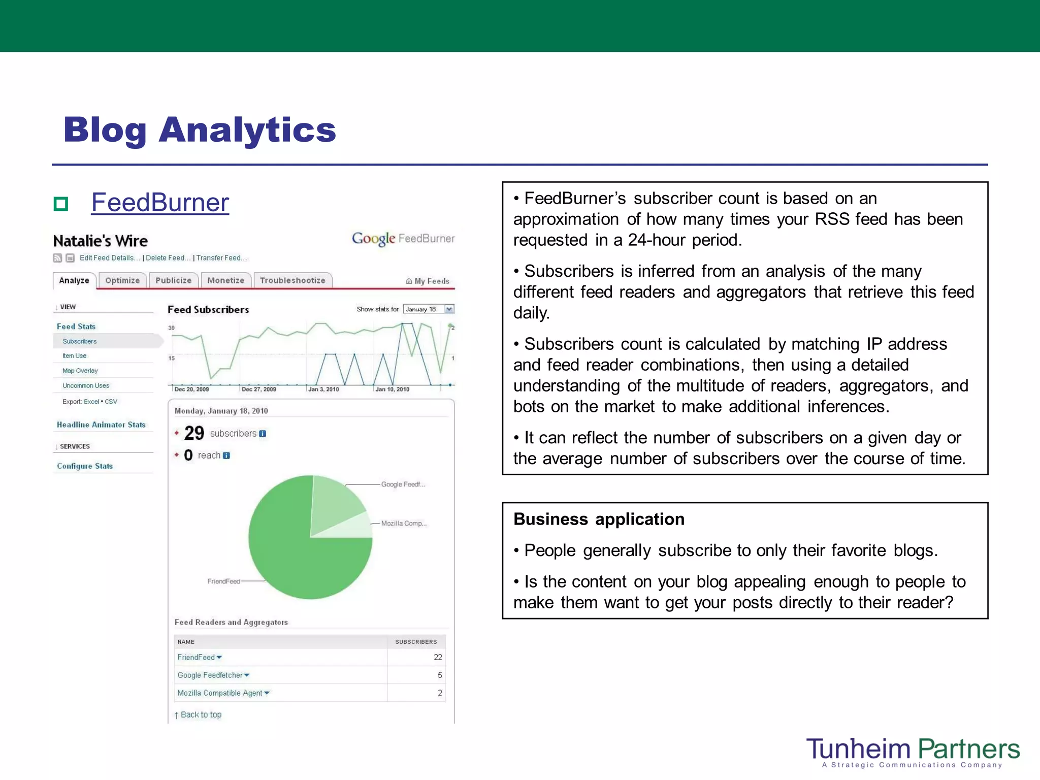 Blog Analytics
   FeedBurner   • FeedBurner’s subscriber count is based on an
                 approximation of how many times your RSS feed has been
                 requested in a 24-hour period.
                 • Subscribers is inferred from an analysis of the many
                 different feed readers and aggregators that retrieve this feed
                 daily.
                 • Subscribers count is calculated by matching IP address
                 and feed reader combinations, then using a detailed
                 understanding of the multitude of readers, aggregators, and
                 bots on the market to make additional inferences.
                 • It can reflect the number of subscribers on a given day or
                 the average number of subscribers over the course of time.


                 Business application
                 • People generally subscribe to only their favorite blogs.
                 • Is the content on your blog appealing enough to people to
                 make them want to get your posts directly to their reader?
 