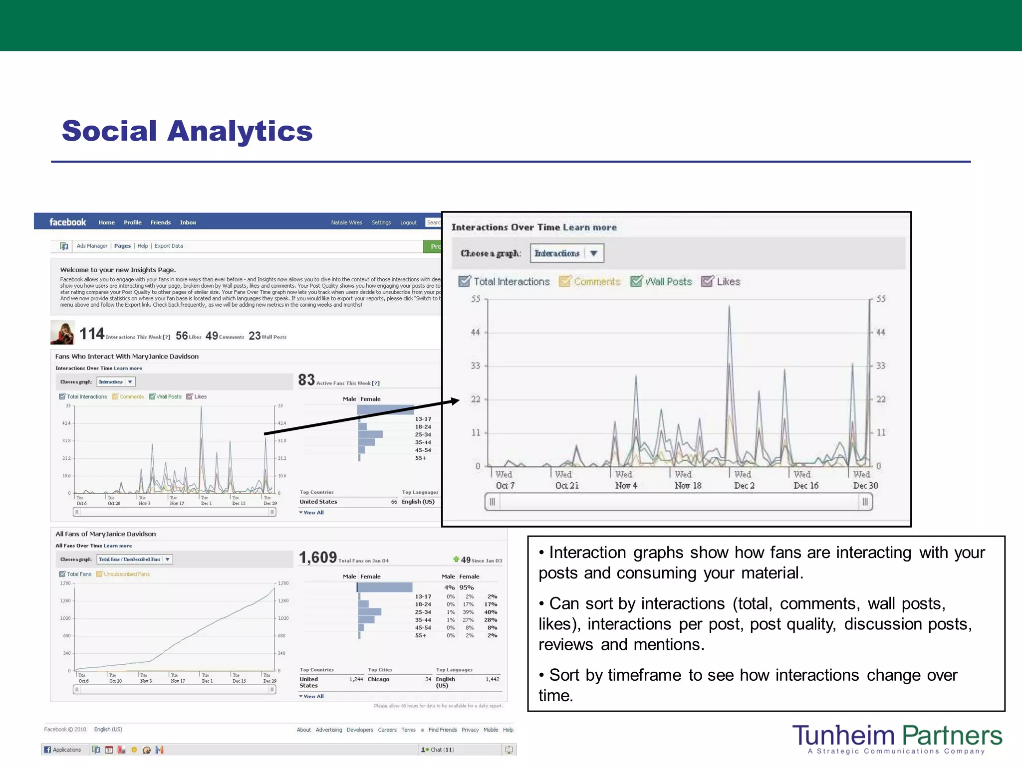 Social Analytics




                   • Interaction graphs show how fans are interacting with your
                   posts and consuming your material.
                   • Can sort by interactions (total, comments, wall posts,
                   likes), interactions per post, post quality, discussion posts,
                   reviews and mentions.
                   • Sort by timeframe to see how interactions change over
                   time.
 