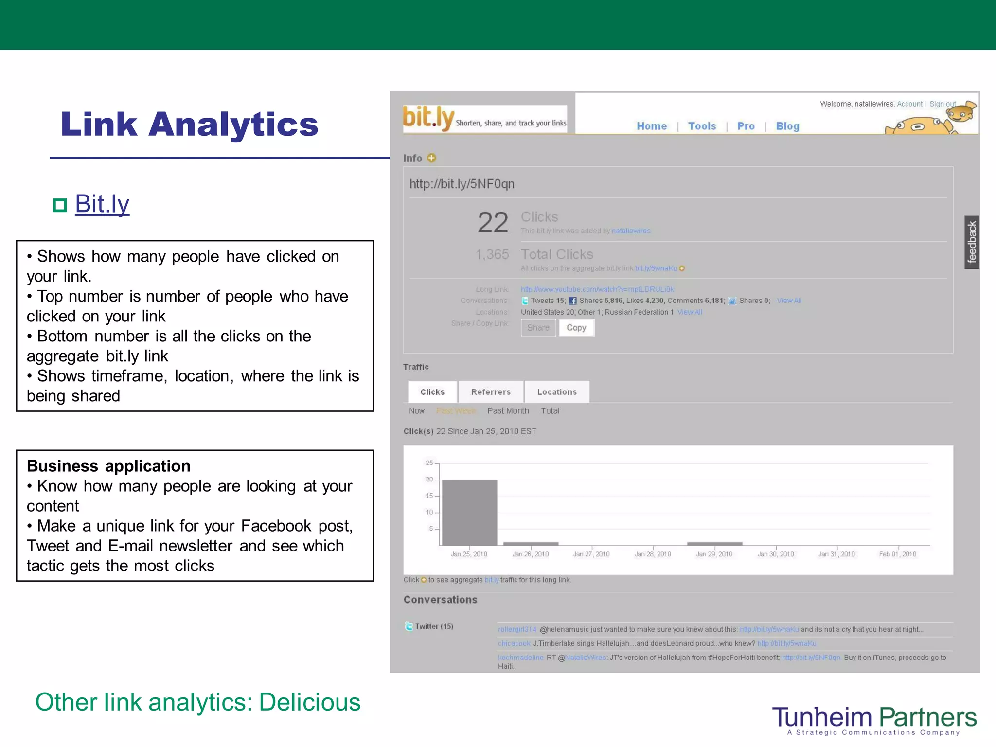 Link Analytics

      Bit.ly
• Shows how many people have clicked on
your link.
• Top number is number of people who have
clicked on your link
• Bottom number is all the clicks on the
aggregate bit.ly link
• Shows timeframe, location, where the link is
being shared



Business application
• Know how many people are looking at your
content
• Make a unique link for your Facebook post,
Tweet and E-mail newsletter and see which
tactic gets the most clicks




 Other link analytics: Delicious
 