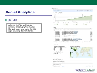 Social Analytics

   YouTube
    • Advanced YouTube analytics give
    information on demographics, location
    • Hot spots shows what part of the video
    people are paying the most attention
 