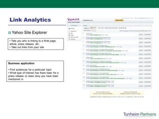 Link Analytics

   Yahoo Site Explorer
 • Tells you who is linking to a Web page,
 article, press release, etc.
 • Take out links from your site




Business application

• Find audiences for a particular topic
• What type of interest has there been for a
press release or news story you have been
mentioned in
 