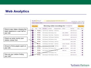 Web Analytics




Click to view videos showing the
exact experience a user had on
your site


Check out what country your
visitors comes from


Amount of time people spent on
your site



How are your visitors finding
your site?
 