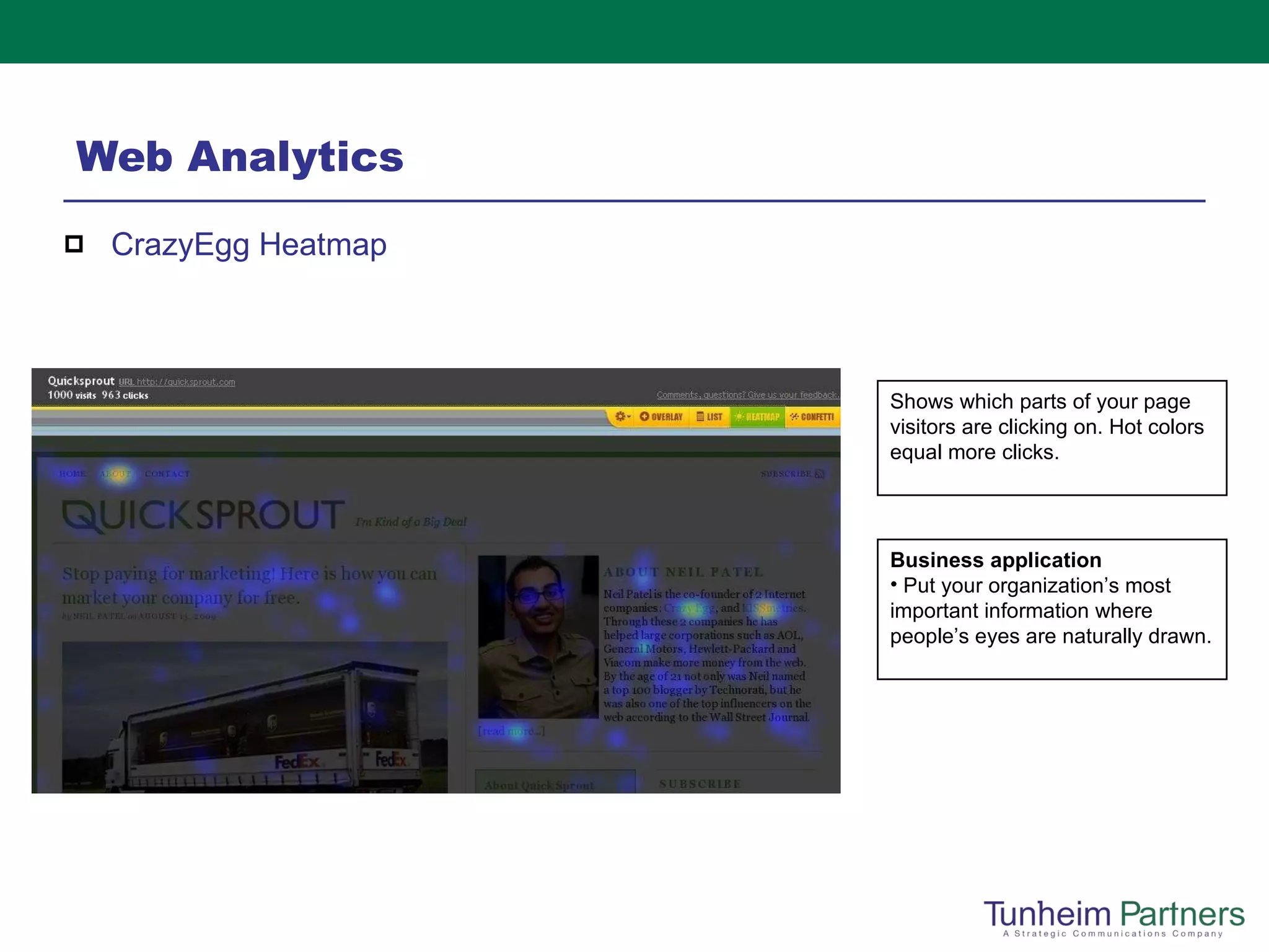 Web Analytics CrazyEgg Heatmap Shows which parts of your page visitors are clicking on. Hot colors equal more clicks. Business application Put your organization’s most important information where people’s eyes are naturally drawn.  
