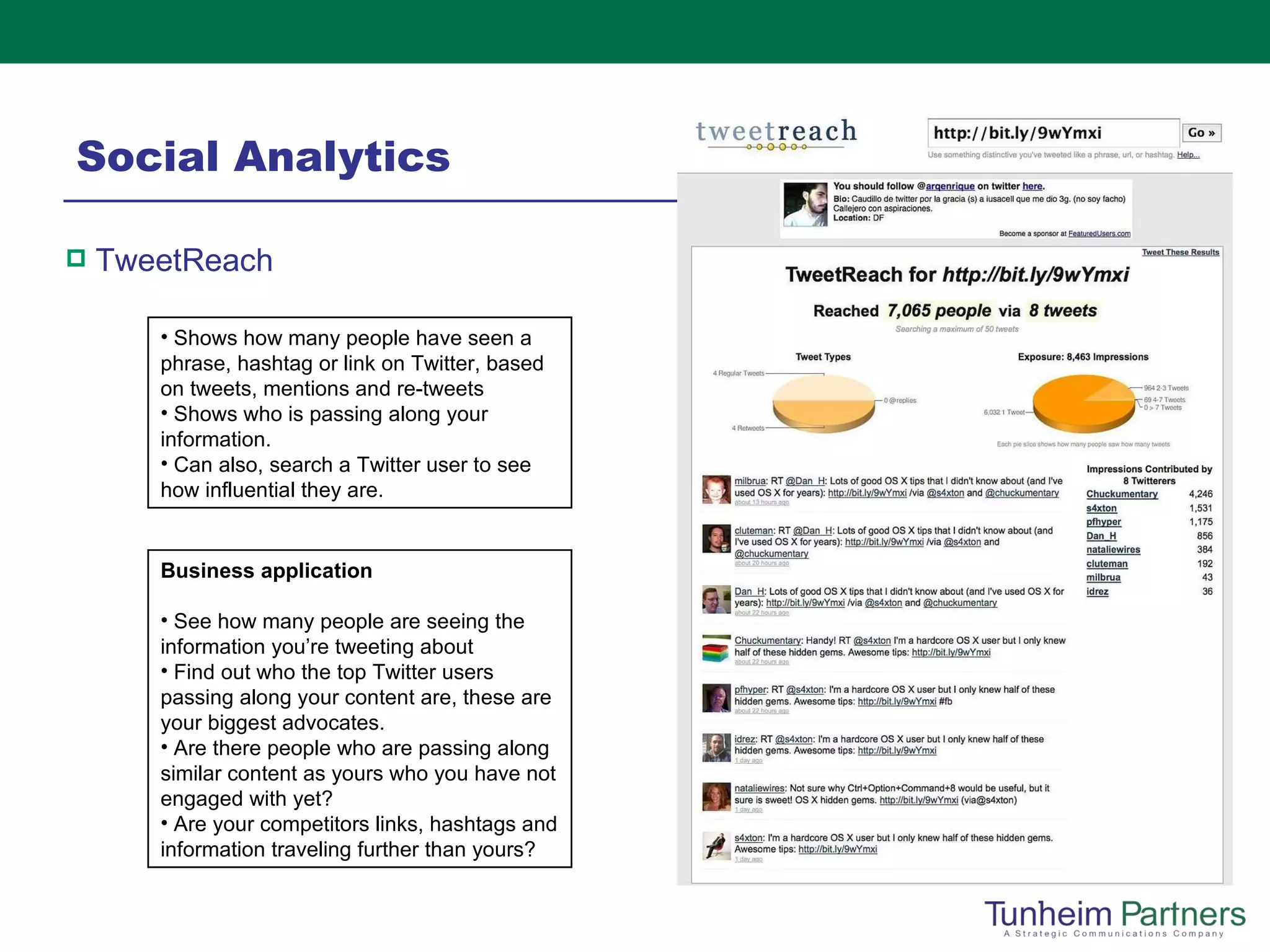 Social Analytics TweetReach   Shows how many people have seen a phrase, hashtag or link on Twitter, based on tweets, mentions and re-tweets Shows who is passing along your information. Can also, search a Twitter user to see how influential they are. Business application See how many people are seeing the information you’re tweeting about Find out who the top Twitter users passing along your content are, these are your biggest advocates.  Are there people who are passing along similar content as yours who you have not engaged with yet? Are your competitors links, hashtags and information traveling further than yours? 