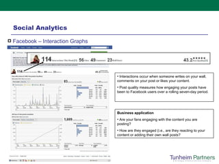 Social Analytics Facebook – Interaction Graphs Interactions occur when someone writes on your wall, comments on your post or likes your content. Post quality measures how engaging your posts have been to Facebook users over a rolling seven-day period.  Business application Are your fans engaging with the content you are posting?  How are they engaged (i.e., are they reacting to your content or adding their own wall posts? 