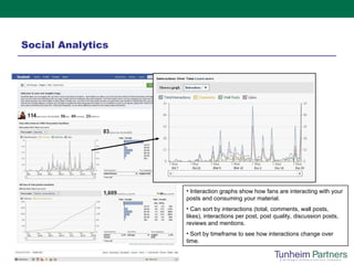 Social Analytics Interaction graphs show how fans are interacting with your posts and consuming your material. Can sort by interactions (total, comments, wall posts, likes), interactions per post, post quality, discussion posts, reviews and mentions.   Sort by timeframe to see how interactions change over time.  