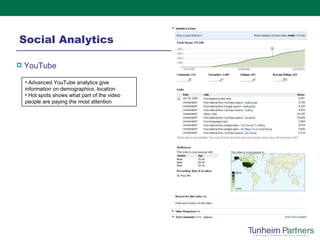 Social Analytics YouTube   Advanced YouTube analytics give information on demographics, location Hot spots shows what part of the video people are paying the most attention 