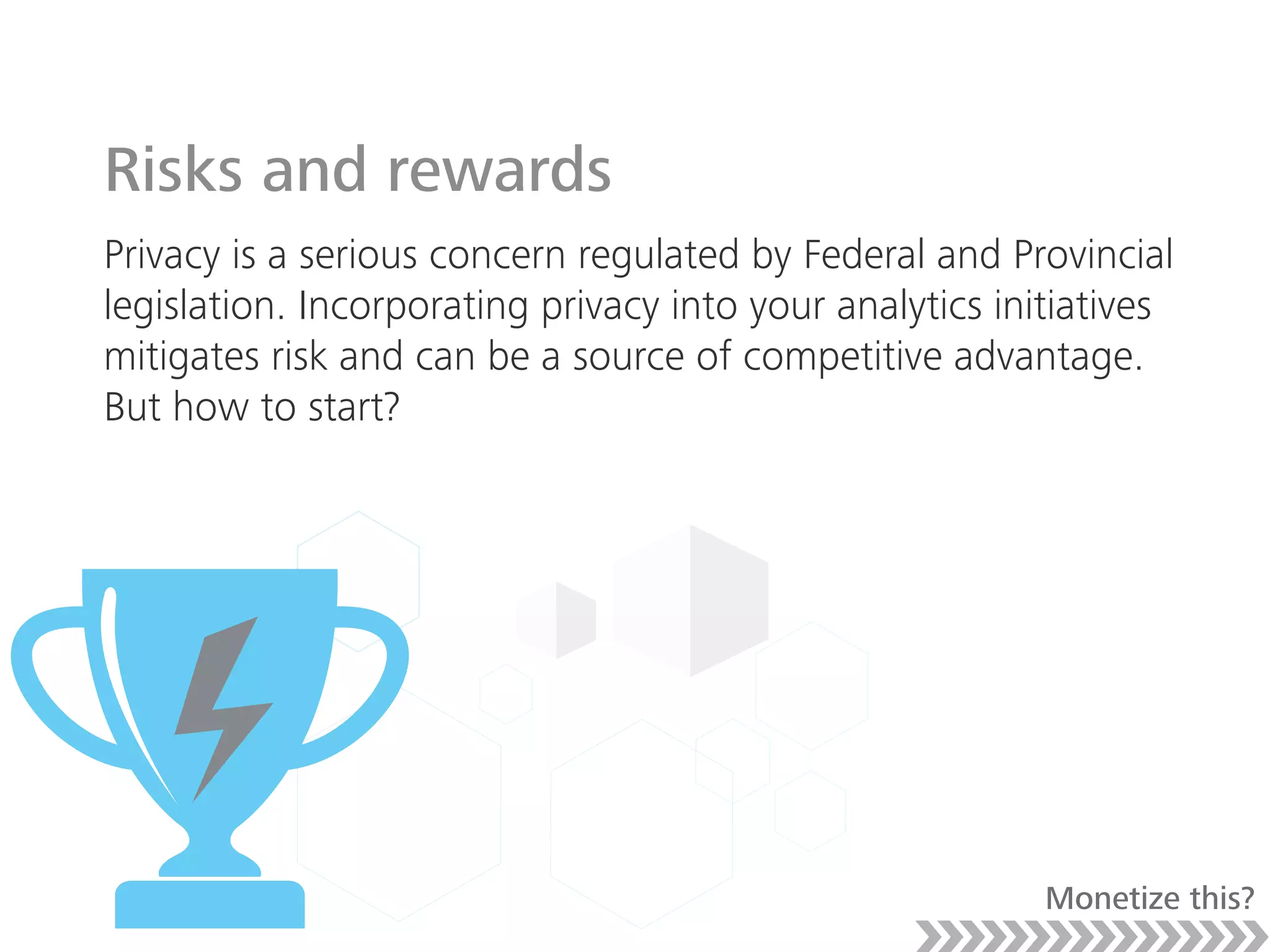 Risks and rewards
Privacy is a serious concern regulated by Federal and Provincial
legislation. Incorporating privacy into your analytics initiatives
mitigates risk and can be a source of competitive advantage.
But how to start?
Monetize this?
 