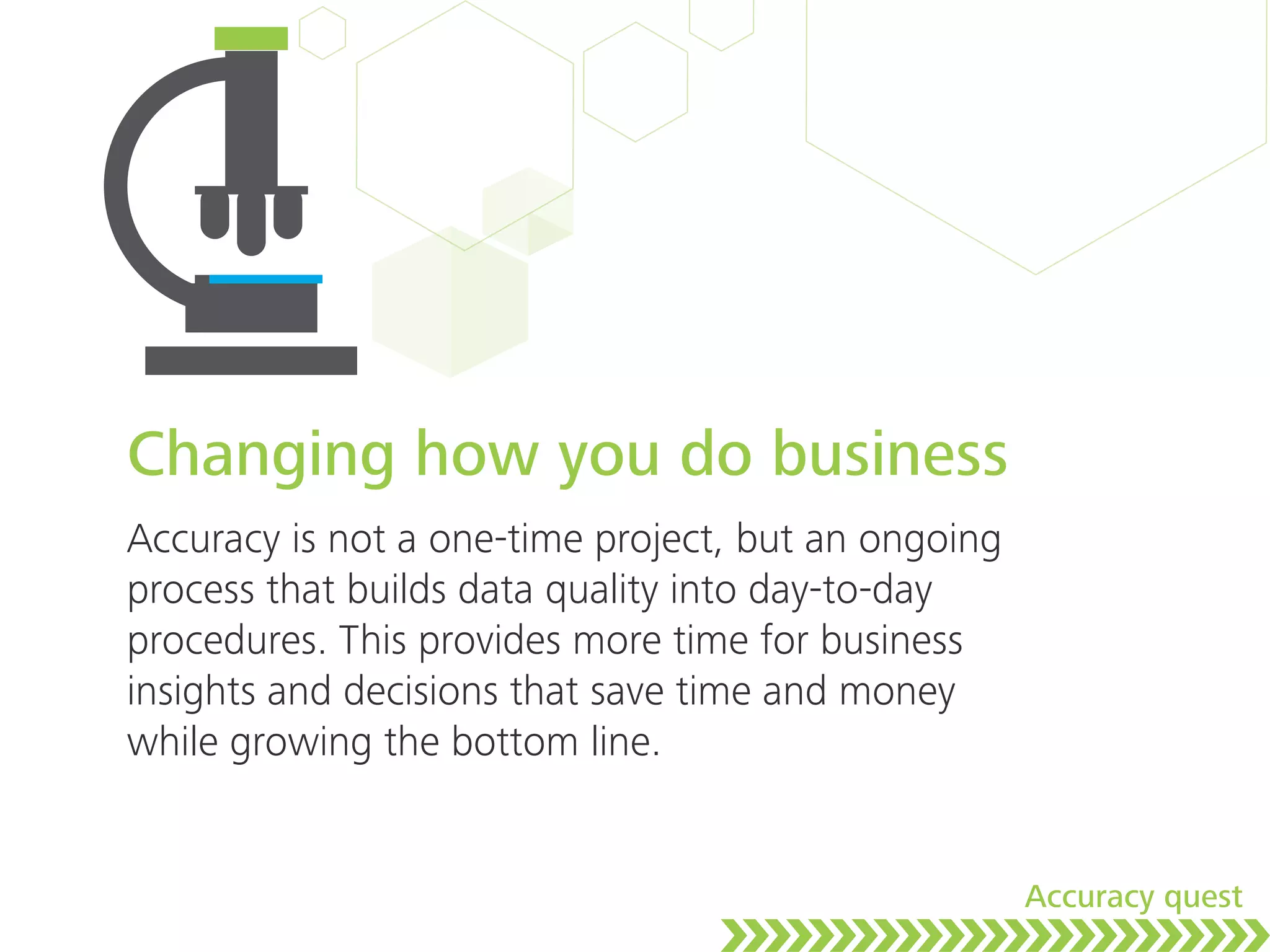 Changing how you do business
Accuracy is not a one-time project, but an ongoing
process that builds data quality into day-to-day
procedures. This provides more time for business
insights and decisions that save time and money
while growing the bottom line.
Accuracy quest
 