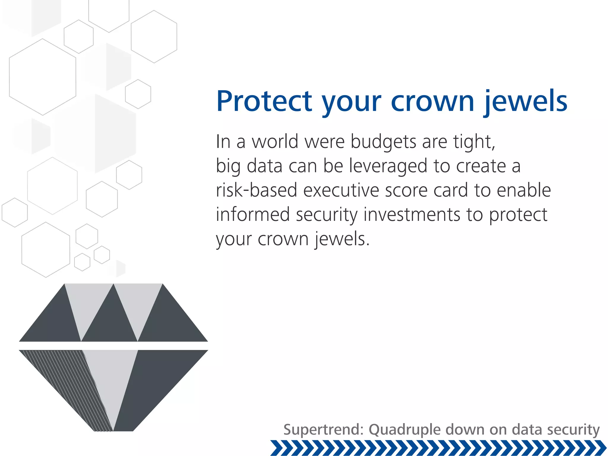 Protect your crown jewels
In a world where budgets are tight,
big data can be leveraged to create a
risk-based executive score card to enable
informed security investments to protect
your crown jewels.
Supertrend: Quadruple down on data security
 