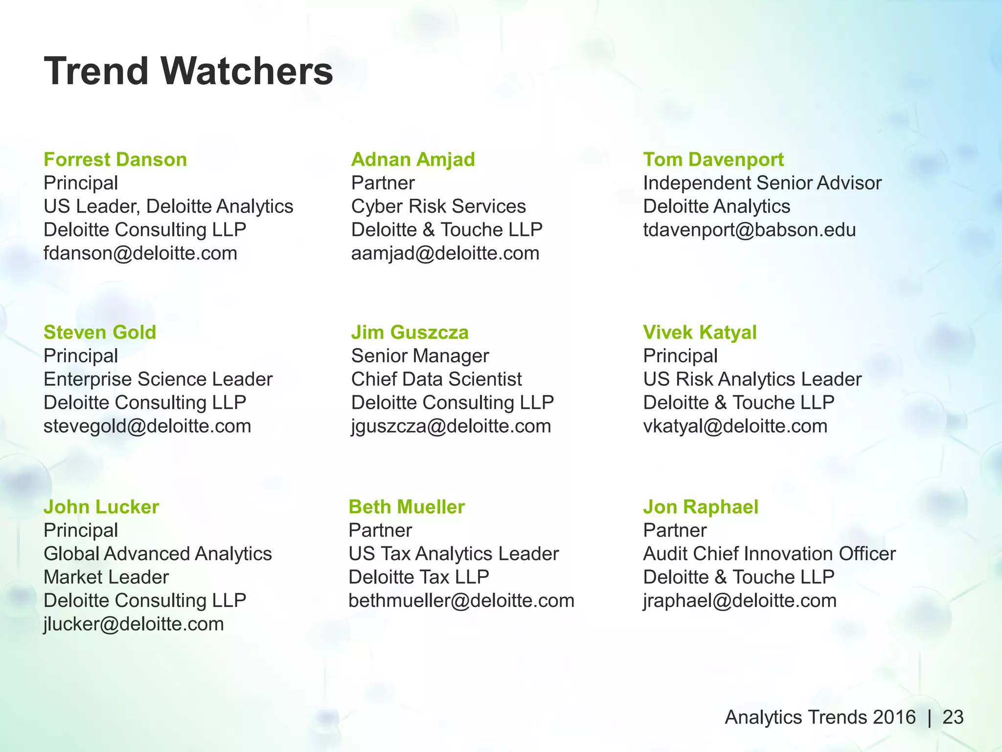 Forrest Danson
Principal
US Leader, Deloitte Analytics
Deloitte Consulting LLP
fdanson@deloitte.com
Tom Davenport
Independent Senior Advisor
Deloitte Analytics
tdavenport@babson.edu
Jim Guszcza
Senior Manager
Chief Data Scientist
Deloitte Consulting LLP
jguszcza@deloitte.com
John Lucker
Principal
Global Advanced Analytics
Market Leader
Deloitte Consulting LLP
jlucker@deloitte.com
Jon Raphael
Partner
Audit Chief Innovation Officer
Deloitte & Touche LLP
jraphael@deloitte.com
Adnan Amjad
Partner
Cyber Risk Services
Deloitte & Touche LLP
aamjad@deloitte.com
Steven Gold
Principal
Enterprise Science Leader
Deloitte Consulting LLP
stevegold@deloitte.com
Vivek Katyal
Principal
US Risk Analytics Leader
Deloitte & Touche LLP
vkatyal@deloitte.com
Beth Mueller
Partner
US Tax Analytics Leader
Deloitte Tax LLP
bethmueller@deloitte.com
Trend Watchers
Analytics Trends 2016 | 23
 