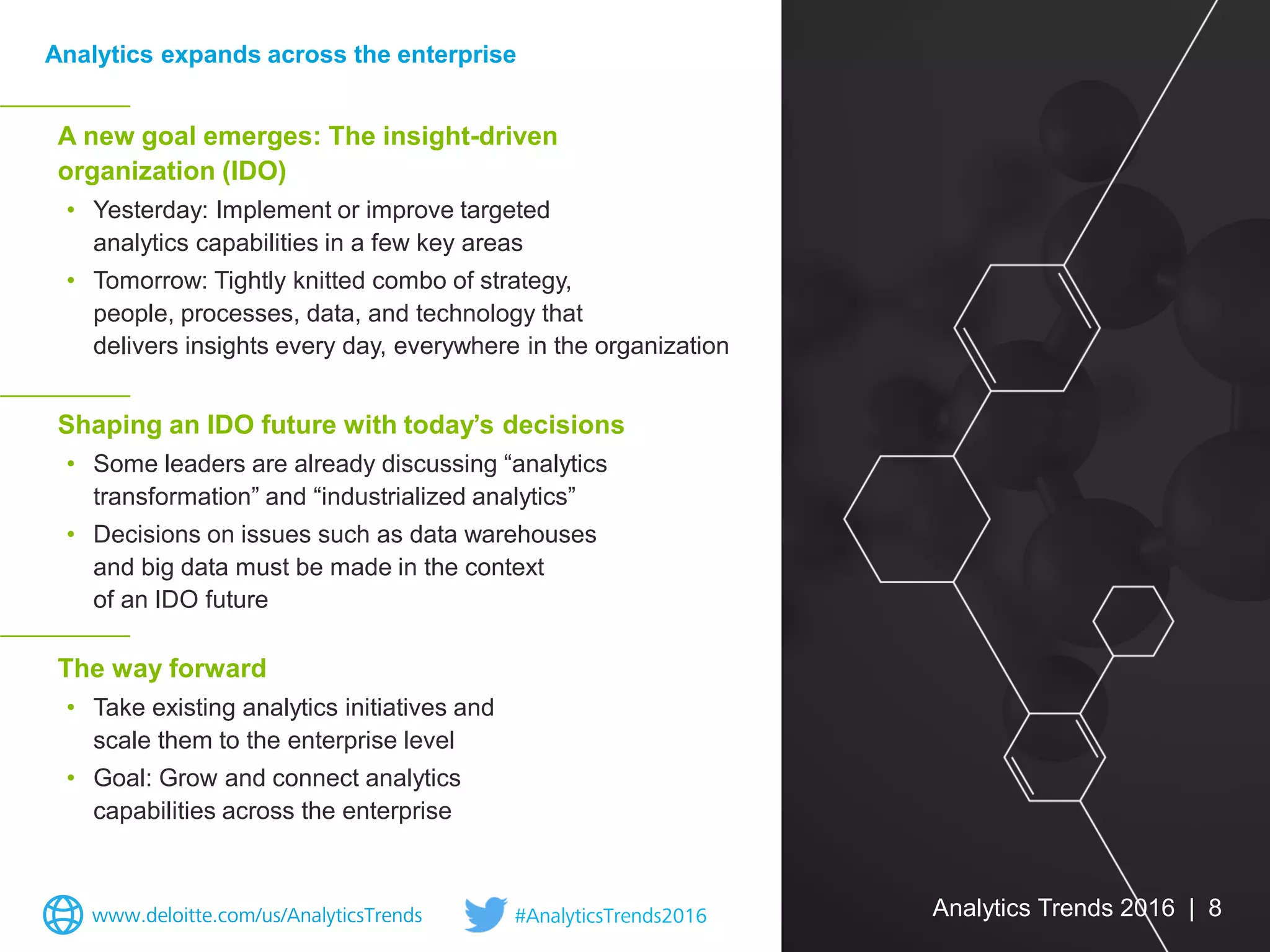 A new goal emerges: The insight-driven
organization (IDO)
• Yesterday: Implement or improve targeted
analytics capabilities in a few key areas
• Tomorrow: Tightly knitted combo of strategy,
people, processes, data, and technology that
delivers insights every day, everywhere in the organization
Shaping an IDO future with today’s decisions
• Some leaders are already discussing “analytics
transformation” and “industrialized analytics”
• Decisions on issues such as data warehouses
and big data must be made in the context
of an IDO future
The way forward
• Take existing analytics initiatives and
scale them to the enterprise level
• Goal: Grow and connect analytics
capabilities across the enterprise
Analytics expands across the enterprise
Analytics Trends 2016 | 8www.deloitte.com/us/AnalyticsTrends #AnalyticsTrends2016
 