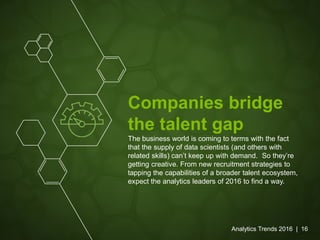 Companies bridge
the talent gap
The business world is coming to terms with the fact
that the supply of data scientists (an...