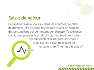 Saisie de valeur
L’analytique aide à voir clair dans les énormes quantités
de données. Elle discerne les tendances aﬁn de produire
des perspectives qui permettent de rehausser l’expérience
client, d’augmenter la productivité, d’atténuer les risques
opérationnels et d’améliorer la sécurité.
Quel est votre plan pour saisir les
occasions de l’Internet des objets?
L’analytique des objets
 