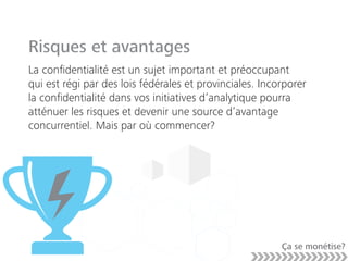 Risques et avantages
La conﬁdentialité est un sujet important et préoccupant
qui est régi par des lois fédérales et provinciales. Incorporer
la conﬁdentialité dans vos initiatives d’analytique pourra
atténuer les risques et devenir une source d’avantage
concurrentiel. Mais par où commencer?
Ça se monétise?
 