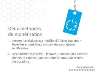 Deux méthodes
de monétisation
1. Intégrez l’analytique aux modèles d’affaires courants –
Recueillez et centralisez vos données pour gagner
en efﬁcience.
2. Expérimentez sans cesse – Innovez. Combinez des données
internes et externes pour perturber le satus quo et créer
des occasions.
Ça se monétise?
 