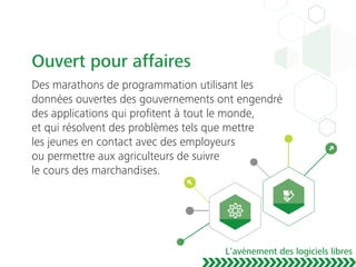 Ouvert pour affaires
Des marathons de programmation utilisant les
données ouvertes des gouvernements ont engendré
des applications qui proﬁtent à tout le monde,
et qui résolvent des problèmes tels que mettre
les jeunes en contact avec des employeurs
ou permettre aux agriculteurs de suivre
le cours des marchandises.
L’avènement des logiciels libres
 