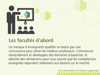 Les facultés d’abord
Un manque d’enseignants qualiﬁés se traduit par une
concurrence pour attirer les meilleurs professeurs. Commencez
tranquillement et développez des domaines d’expertise, et
obtenez des rétroactions pour vous assurer que les compétences
enseignées répondent réellement aux besoins sur le marché.
Les universités en vitesse supérieure
 