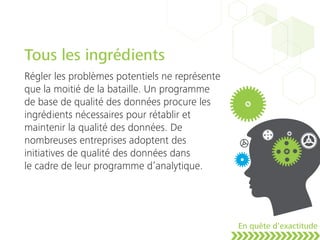Tous les ingrédients
Régler les problèmes potentiels ne représente
que la moitié de la bataille. Un programme
de base de qualité des données procure les
ingrédients nécessaires pour rétablir et
maintenir la qualité des données. De
nombreuses entreprises adoptent des
initiatives de qualité des données dans
le cadre de leur programme d’analytique.
En quête d’exactitude
 