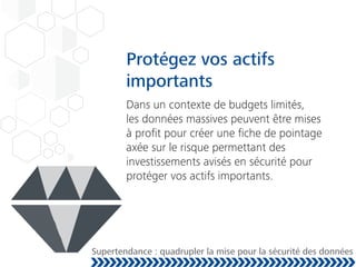 Protégez vos actifs
importants
Dans un contexte de budgets limités,
les données massives peuvent être mises
à proﬁt pour créer une ﬁche de pointage
axée sur le risque permettant des
investissements avisés en sécurité pour
protéger vos actifs importants.
Supertendance : quadrupler la mise pour la sécurité des données
 
