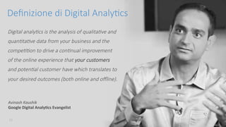 conﬁdenKal	
 11	
 
Digital analy*cs is the analysis of qualita*ve and 
quan*ta*ve data from your business and the 
compe**on to drive a con*nual improvement 
of the online experience that your customers 
and poten*al customer have which translates to 
your desired outcomes (both online and oﬄine).
Deﬁnizione di Digital Analy/cs
Avinash	
 Kaushik	
 
Google	
 Digital	
 Analy9cs	
 Evangelist	
 
 