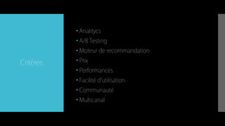 Critères
 Analitycs
 A/B Testing
 Moteur de recommandation
 Prix
 Performances
 Facilité d’utilisation
 Communauté
 Multicanal
 