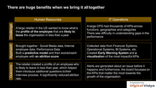 There are huge benefits when we bring it all together
Challenge
A large retailer in the US wanted to know whatis
the profile of the employee that are likely to
leave the organisation in less than a year
A large CPG had thousands of KPIsacross
functions, geographies and categories
There was difficulty in understanding gaps in the
performance
Approach
Brought together : Social Media data, Internal
employee data, Performance Data
Built a predictive model and then scored each
employee with an attrition score
Collected data from Financial Systems,
Operational Systems, BI Systems, etc.
Created Early Warning System and a
visualisation of the most impactful KPIs
Outcome
The retailer created a profile of an employee who
is likely to leave in less than year, which helped
them introduce additional questions totheir
interview process. It significantly reduced attrition
rate.
Alerts are generated about an issue before it
happens and furthermore, the board focusses on
the KPIs that matter the most towards the
growth of the organisation
13
Human Resources IT Operations
 