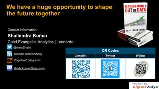 We have a huge opportunity to shape
the future together
Contact information:
Shailendra Kumar
Chief Evangelist Analytics | Leonardo
@meisShaily
linkedin.com/in/shaily
CognitiveToday.com
shaily.kumar@sap.com
QR Codes
Linkedin Twitter Weibo
18
 