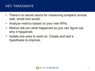 KEY TAKEAWAYS
• There’s no secret sauce for measuring analytics across
web, email and social.
• Analyze metrics based on your own KPIs.
• Metrics tell you what happened so you can figure out
why it happened.
• Isolate one area to work on. Create and test a
hypothesis to improve.

22

 