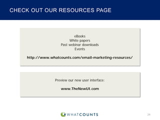 CHECK OUT OUR RESOURCES PAGE

eBooks
White papers
Past webinar downloads
Events
http://www.whatcounts.com/email-marketing-resources/

Preview our new user interface:
www.TheNewUI.com

24

 