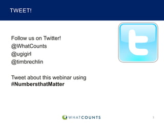 TWEET!

Follow us on Twitter!
@WhatCounts
@ugigirl
@timbrechlin
Tweet about this webinar using
#NumbersthatMatter

3

 
