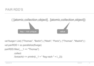 codecentric AG
( [atomic,collection,object] , [atomic,collection,object])
val fluege= List( ("Thomas", "Berlin") ,("Mark", "Paris"), ("Thomas", "Madrid") )
val pairRDD = sc.parallelize(fluege)
pairRDD.filter(_._1 == "Thomas")
.collect
.foreach(t => println(t._1 + " flog nach " + t._2))
PAIR RDD‘S
18.06.2015 23
key – not unique value
 