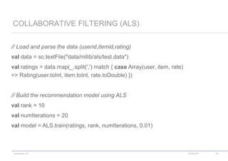 codecentric AG
// Load and parse the data (userid,itemid,rating)
val data = sc.textFile("data/mllib/als/test.data")
val ratings = data.map(_.split(',') match { case Array(user, item, rate)
=> Rating(user.toInt, item.toInt, rate.toDouble) })
// Build the recommendation model using ALS
val rank = 10
val numIterations = 20
val model = ALS.train(ratings, rank, numIterations, 0.01)
COLLABORATIVE FILTERING (ALS)
18.06.2015 49
 