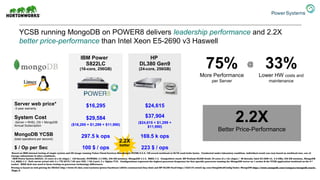 YCSB running MongoDB on POWER8 delivers leadership performance and 2.2X
better price-performance than Intel Xeon E5-2690 v3 Haswell
IBM Power
S822LC
(16-core, 256GB)
HP
DL380 Gen9
(24-core, 256GB)
Server web price*
-3-year warranty
$16,295 $24,615
System Cost
-Server + RHEL OS + MongoDB
Annual Subscription
$29,584
($16,295 + $1,299 + $11,990)
$37,904
($24,615 + $1,299 +
$11,990)
MongoDB YCSB
(total operations per second)
297.5 k ops 169.5 k ops
$ / Op per Sec 100 $ / ops 223 $ / ops
2.2X
better
2.2X
Better Price-Performance
33%
Lower HW costs and
maintenance
75%
More Performance
per Server
@
•Based on IBM internal testing of single system and OS image running Yahoo Cloud Services Benchmark (YCSB) 0.6.0, 1M record workload at 50/50 read/write factor. Conducted under laboratory condition, individual result can vary based on workload size, use of
storage subsystems & other conditions.
• IBM Power System S822LC; 16 cores (2 x 8c chips) / 128 threads, POWER8; 3.3 GHz, 256 GB memory, MongoDB 3.3.4, RHEL 7.2. Competitive stack: HP Proliant DL380 Gen9; 24 cores (2 x 12c chips) / 48 threads; Intel E5-2690 v3; 2.6 GHz; 256 GB memory, MongoDB
3.3, RHEL 7.2 . Both server priced with 2 x 1TB SATA 7.2K rpm HDD, 1 Gb 2-port, 2 x 16gbps FCA. Configurations represent the highest processor frequency for that specific processor running the MongoDB server on 1 socket & the YCSB application workload on the 2nd
socket. RAM disk was used to focus testing on processor technology differences.
Pricing is based on web pricing for S822LC http://www-03.ibm.com/systems/power/hardware/s822lc-commercial/buy.html and HP DL380 Gen9 https://h22174.www2.hp.com/SimplifiedConfig/Index MongoDB https://www.mongodb.com/compare/mongodb-oracle
Page: 6
 