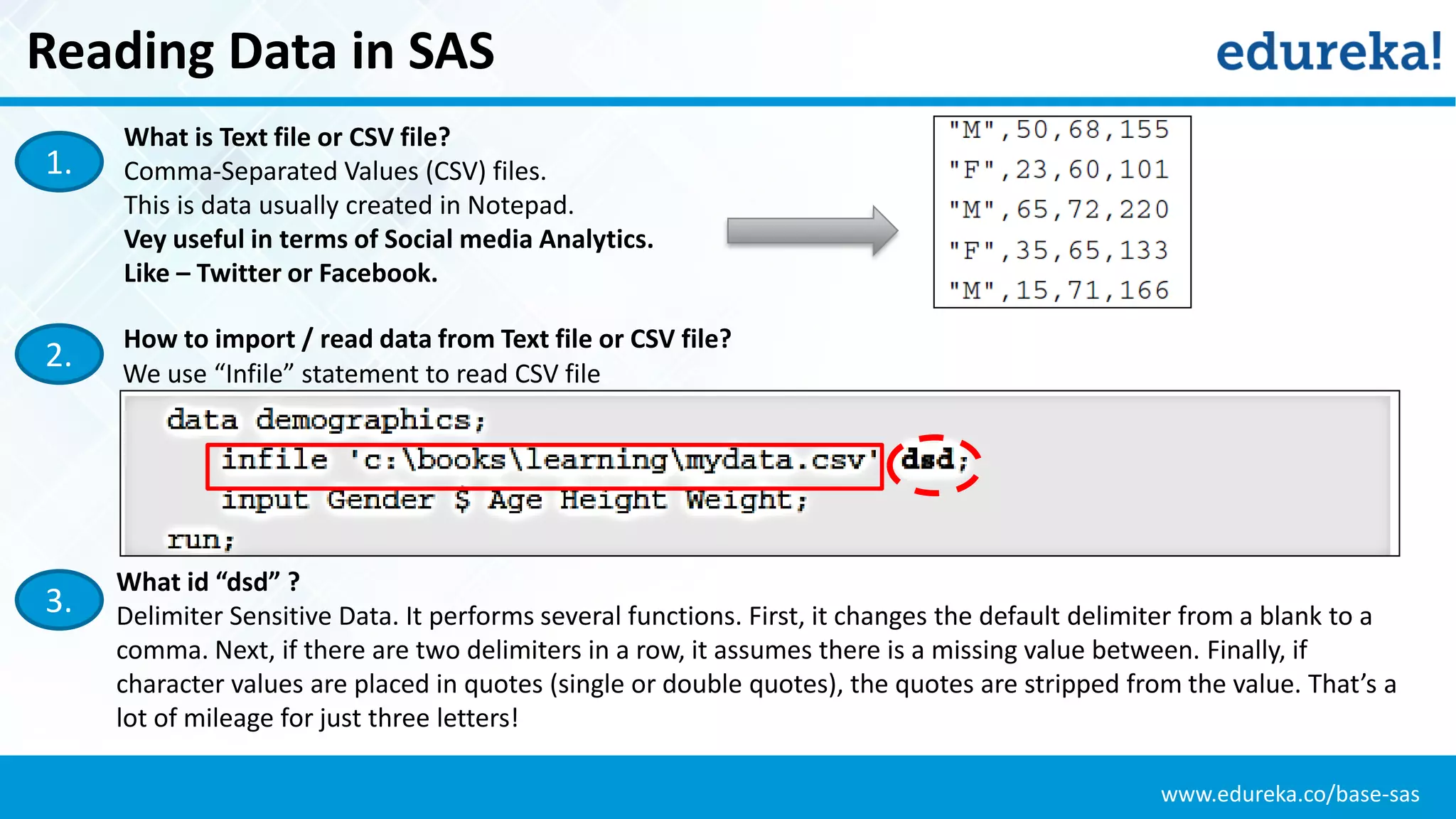 www.edureka.co/base-sas
Reading Data in SAS
How to import / read data from Text file or CSV file?
We use “Infile” statement to read CSV file
What is Text file or CSV file?
Comma-Separated Values (CSV) files.
This is data usually created in Notepad.
Vey useful in terms of Social media Analytics.
Like – Twitter or Facebook.
1.
2.
3.
What id “dsd” ?
Delimiter Sensitive Data. It performs several functions. First, it changes the default delimiter from a blank to a
comma. Next, if there are two delimiters in a row, it assumes there is a missing value between. Finally, if
character values are placed in quotes (single or double quotes), the quotes are stripped from the value. That’s a
lot of mileage for just three letters!
 