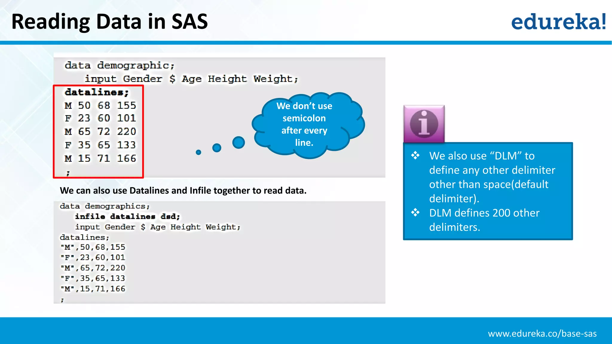 www.edureka.co/base-sas
Reading Data in SAS
We don’t use
semicolon
after every
line.
We can also use Datalines and Infile together to read data.
 We also use “DLM” to
define any other delimiter
other than space(default
delimiter).
 DLM defines 200 other
delimiters.
 