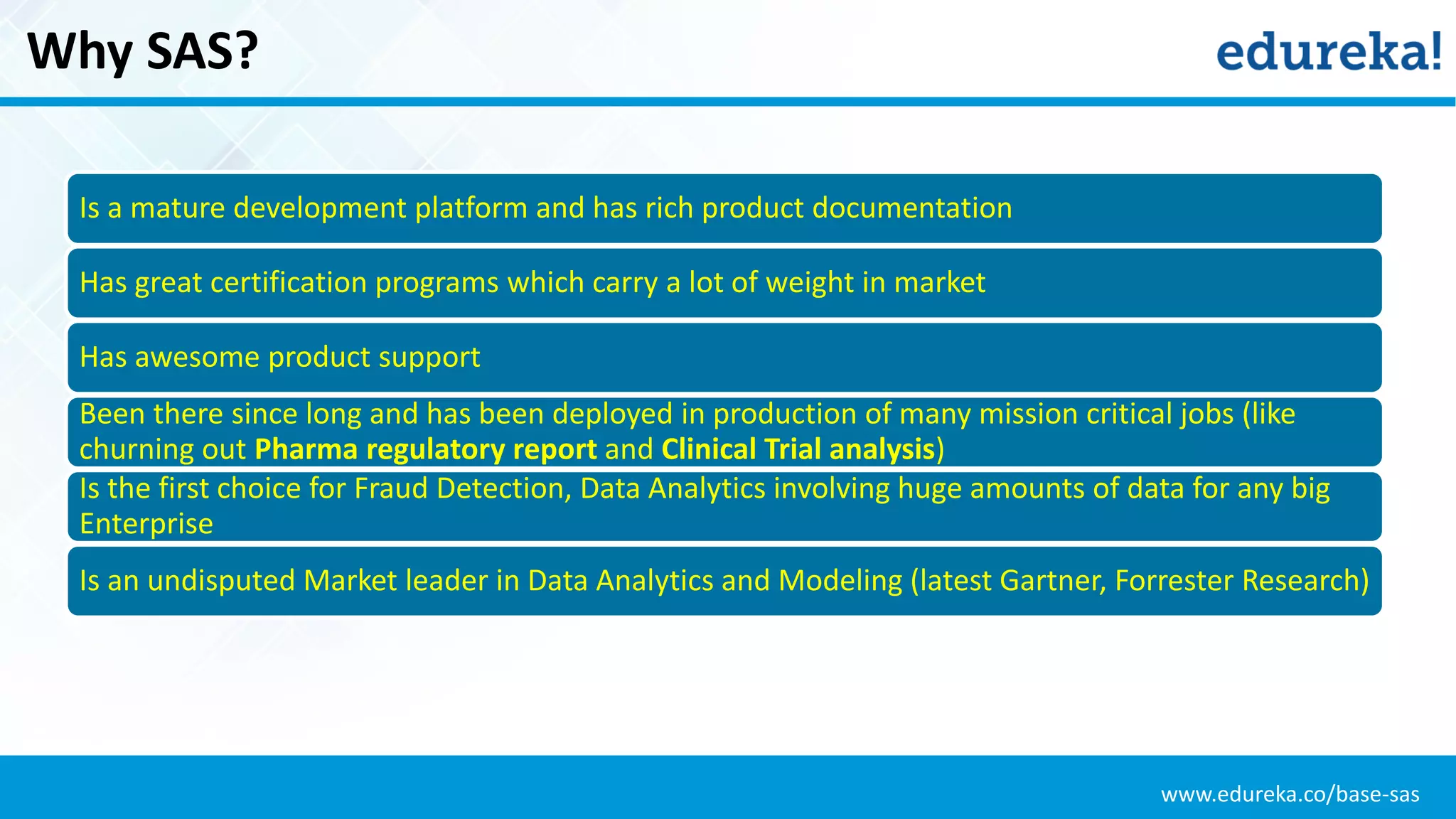 www.edureka.co/base-sas
Why SAS?
Is a mature development platform and has rich product documentation
Has great certification programs which carry a lot of weight in market
Has awesome product support
Been there since long and has been deployed in production of many mission critical jobs (like
churning out Pharma regulatory report and Clinical Trial analysis)
Is the first choice for Fraud Detection, Data Analytics involving huge amounts of data for any big
Enterprise
Is an undisputed Market leader in Data Analytics and Modeling (latest Gartner, Forrester Research)
 