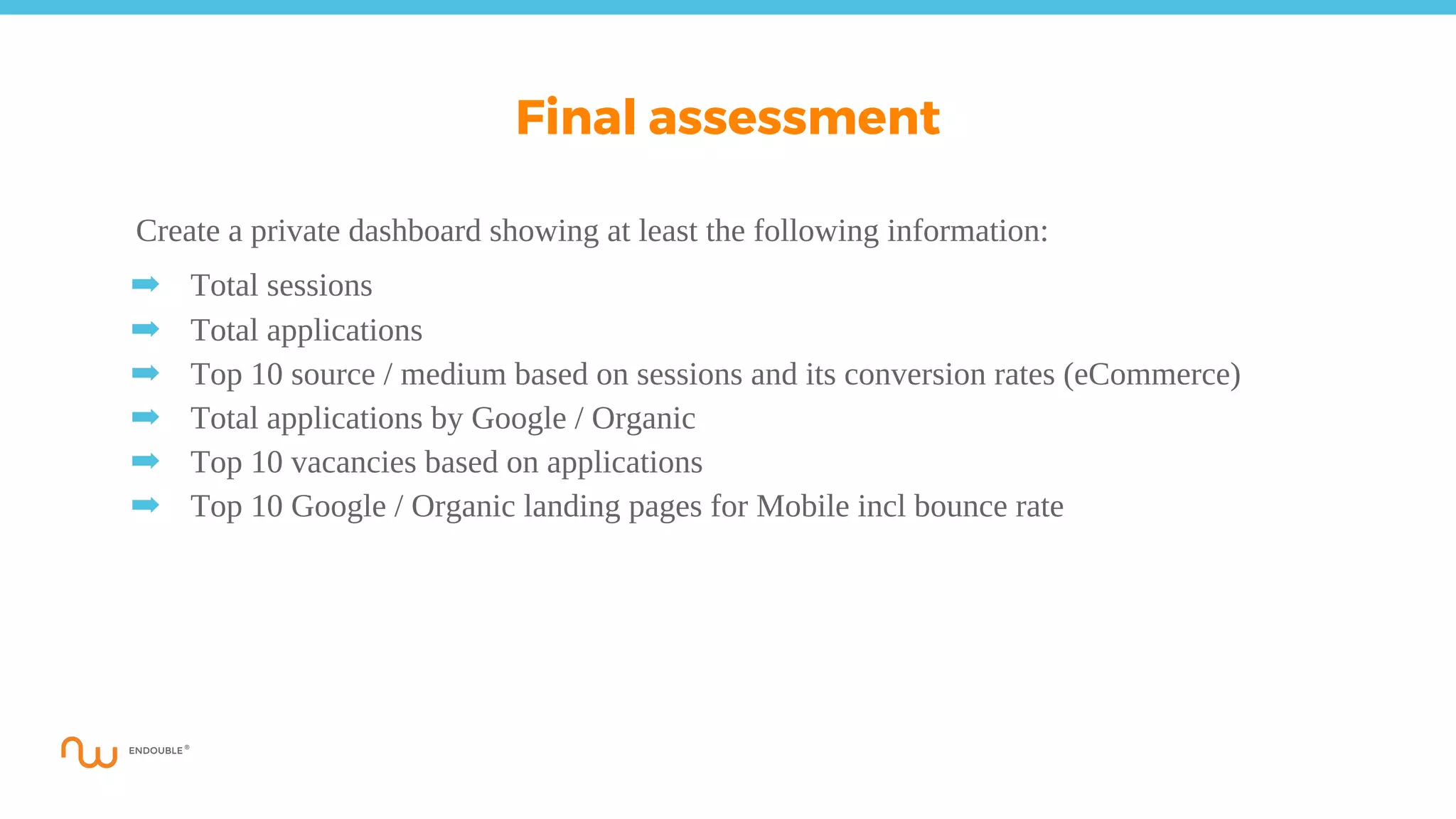 Create a private dashboard showing at least the following information:
➡ Total sessions
➡ Total applications
➡ Top 10 source / medium based on sessions and its conversion rates (eCommerce)
➡ Total applications by Google / Organic
➡ Top 10 vacancies based on applications
➡ Top 10 Google / Organic landing pages for Mobile incl bounce rate
Final assessment
 
