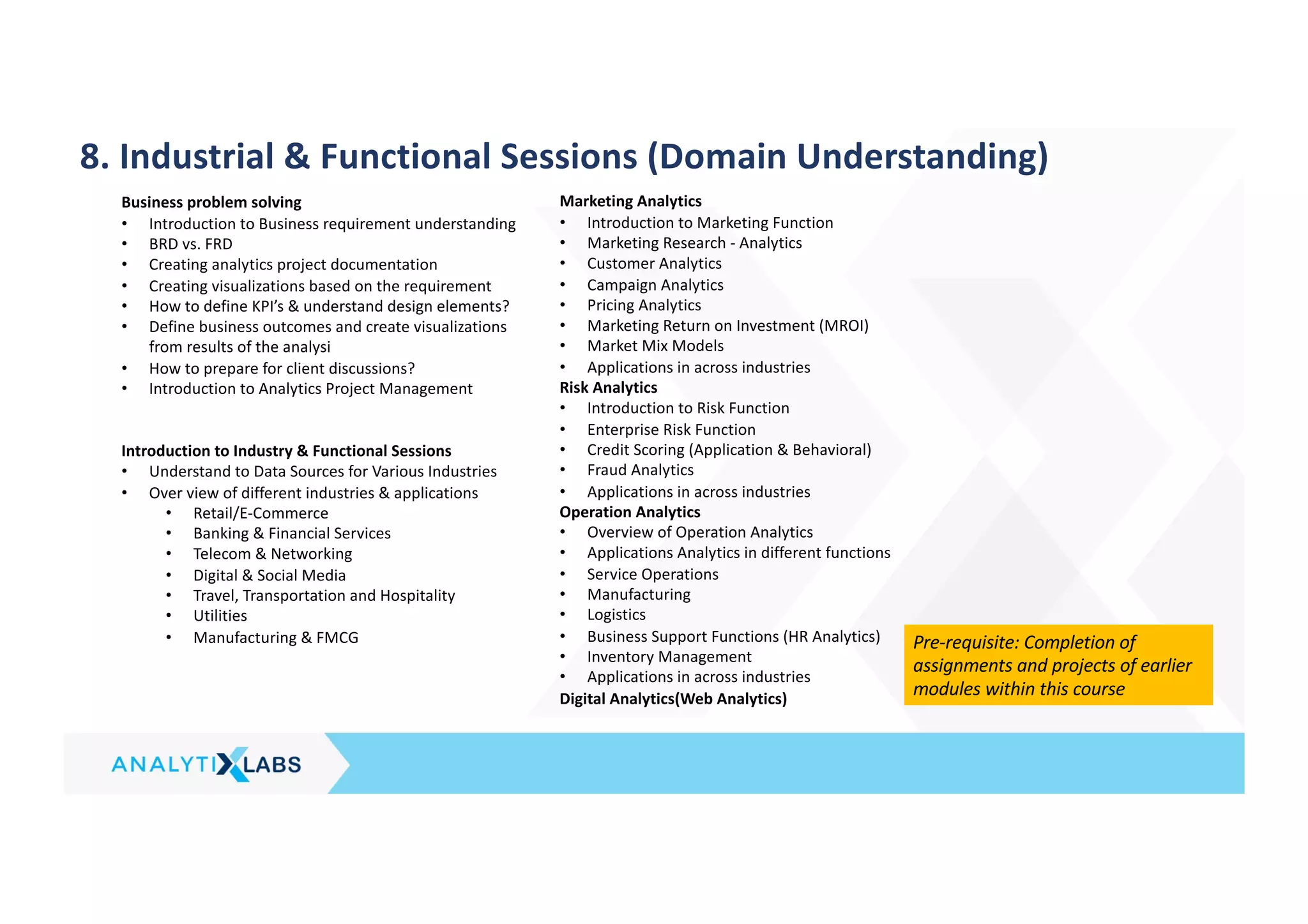8. Industrial & Functional Sessions (Domain Understanding)
Business problem solving
• Introduction to Business requirement understanding
• BRD vs. FRD
• Creating analytics project documentation
• Creating visualizations based on the requirement
• How to define KPI’s & understand design elements?
• Define business outcomes and create visualizations
from results of the analysi
• How to prepare for client discussions?
• Introduction to Analytics Project Management
Introduction to Industry & Functional Sessions
• Understand to Data Sources for Various Industries
• Over view of different industries & applications
• Retail/E-Commerce
• Banking & Financial Services
• Telecom & Networking
• Digital & Social Media
• Travel, Transportation and Hospitality
• Utilities
• Manufacturing & FMCG
Marketing Analytics
• Introduction to Marketing Function
• Marketing Research - Analytics
• Customer Analytics
• Campaign Analytics
• Pricing Analytics
• Marketing Return on Investment (MROI)
• Market Mix Models
• Applications in across industries
Risk Analytics
• Introduction to Risk Function
• Enterprise Risk Function
• Credit Scoring (Application & Behavioral)
• Fraud Analytics
• Applications in across industries
Operation Analytics
• Overview of Operation Analytics
• Applications Analytics in different functions
• Service Operations
• Manufacturing
• Logistics
• Business Support Functions (HR Analytics)
• Inventory Management
• Applications in across industries
Digital Analytics(Web Analytics)
Pre-requisite: Completion of
assignments and projects of earlier
modules within this course
 