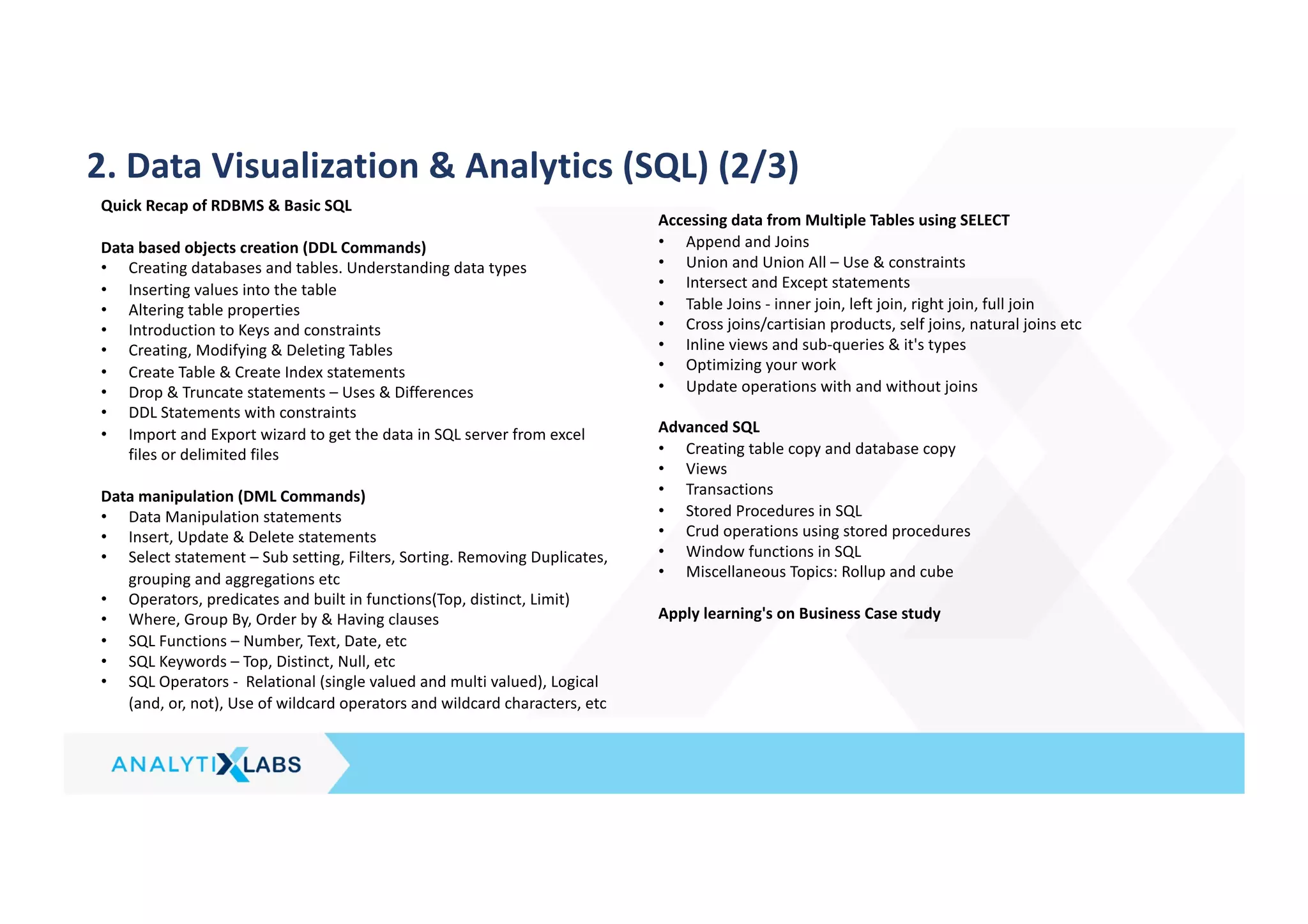 2. Data Visualization & Analytics (SQL) (2/3)
Quick Recap of RDBMS & Basic SQL
Data based objects creation (DDL Commands)
• Creating databases and tables. Understanding data types
• Inserting values into the table
• Altering table properties
• Introduction to Keys and constraints
• Creating, Modifying & Deleting Tables
• Create Table & Create Index statements
• Drop & Truncate statements – Uses & Differences
• DDL Statements with constraints
• Import and Export wizard to get the data in SQL server from excel
files or delimited files
Data manipulation (DML Commands)
• Data Manipulation statements
• Insert, Update & Delete statements
• Select statement – Sub setting, Filters, Sorting. Removing Duplicates,
grouping and aggregations etc
• Operators, predicates and built in functions(Top, distinct, Limit)
• Where, Group By, Order by & Having clauses
• SQL Functions – Number, Text, Date, etc
• SQL Keywords – Top, Distinct, Null, etc
• SQL Operators - Relational (single valued and multi valued), Logical
(and, or, not), Use of wildcard operators and wildcard characters, etc
Accessing data from Multiple Tables using SELECT
• Append and Joins
• Union and Union All – Use & constraints
• Intersect and Except statements
• Table Joins - inner join, left join, right join, full join
• Cross joins/cartisian products, self joins, natural joins etc
• Inline views and sub-queries & it's types
• Optimizing your work
• Update operations with and without joins
Advanced SQL
• Creating table copy and database copy
• Views
• Transactions
• Stored Procedures in SQL
• Crud operations using stored procedures
• Window functions in SQL
• Miscellaneous Topics: Rollup and cube
Apply learning's on Business Case study
 
