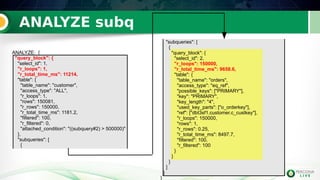 26
26
ANALYZE: {
"query_block": {
"select_id": 1,
"r_loops": 1,
"r_total_time_ms": 11214,
"table": {
"table_name": "customer",
"access_type": "ALL",
"r_loops": 1,
"rows": 150081,
"r_rows": 150000,
"r_total_time_ms": 1181.2,
"filtered": 100,
"r_filtered": 0,
"attached_condition": "((subquery#2) > 500000)"
},
"subqueries": [
{
"subqueries": [
{
"query_block": {
"select_id": 2,
"r_loops": 150000,
"r_total_time_ms": 9658.6,
"table": {
"table_name": "orders",
"access_type": "eq_ref",
"possible_keys": ["PRIMARY"],
"key": "PRIMARY",
"key_length": "4",
"used_key_parts": ["o_orderkey"],
"ref": ["dbt3sf1.customer.c_custkey"],
"r_loops": 150000,
"rows": 1,
"r_rows": 0.25,
"r_total_time_ms": 8497.7,
"filtered": 100,
"r_filtered": 100
}
}
}
]
}
}
ANALYZE subq
 