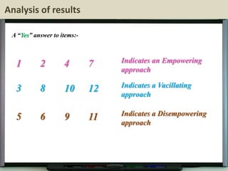 Analysis of results
A “Yes” answer to items:-
1 2 4 7 Indicates an Empowering
approach
3 8 10 12 Indicates a Vacillating
approach
5 6 9 11 Indicates a Disempowering
approach
 