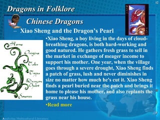 Dragons in Folklore Chinese Dragons Xiao Sheng and the Dragon’s Pearl  Xiao Sheng, a boy living in the days of cloud-breathing dragons, is both hard-working and good natured. He gathers fresh grass to sell in the market in exchange of meager income to support his mother. One year, when the village goes through a severe drought, Xiao Sheng finds a patch of grass, lush and never diminishes in size no matter how much he's cut it. Xiao Sheng finds a pearl buried near the patch and brings it home to please his mother, and also replants the grass near his house.  Read more Analyzing Multicultural Literature 