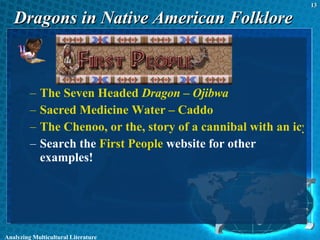 Dragons in Native American Folklore The Seven Headed  Dragon  – Ojibwa Sacred Medicine Water – Caddo The Chenoo, or the, story of a cannibal with an icy heart -- A Passamaquoddy and Micmac Legend Search the  First People  website for other examples! Analyzing Multicultural Literature 