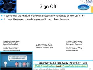 Sign Off Analyze 
 I concur that the Analyze phase was successfully completed on MM/DD/YYYY 
 I concur the project is ready to proceed to next phase: Improve 
Enter Name Here 
Deployment Champion 
Enter Name Here 
Green Belt/Black Belt 
Enter Name Here 
Financial Representative 
Enter Name Here 
Master Black Belt 
Enter Name Here 
Sponsor / Process Owner 
15 
Enter Key Slide Take Away (Key Point) Here 
What is Process Excellence Video by ProcessExcellenceNetwork.com 
International Standards for Lean Six Sigma (ISLSS) 
 