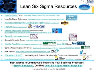 Lean Six Sigma Resources Analyze 
35 
 Lean Six Sigma Group: https://www.linkedin.com/groups/Lean-Six-Sigma-37987 
 Lean Six Sigma Subgroups: https://www.linkedin.com/groups?subgroups=&gid=37987 
 International Standard for Lean Six Sigma (ISLSS): http://www.islss.com 
Best Wishes in Continuously Improving Your Business Processes 
– Steven Bonacorsi, Certified Lean Six Sigma Master Black Belt 
International Standards for Lean Six Sigma (ISLSS) 
 i-nexus: http://www.i-nexus.com 
 Strategy Execution Community LinkedIn Group 
https://www.linkedin.com/groups/Strategy-Execution-Community-3725091 
 SigmaXL: http://www.sigmaxl.com 
 SigmaXL LinkedIn Group: https://www.linkedin.com/groups/SigmaXL-1812101?gid=1812101 
 Gemba Academy http://www.gembaacademy.com Lean CEO Group: 
 Gemba Academy LinkedIn Group: https://www.linkedin.com/groups/Gemba-Academy-1844998?gid=1844998 
 PEX Network http://www.processexcellencenetwork.com 
 PEX Network & IQPC - Lean Six Sigma & Process Excellence for Continuous Improvement 
 Lean Leadership Institute: http://www.LeanLeadership.guru/books.html The Toyota Way Group 
 