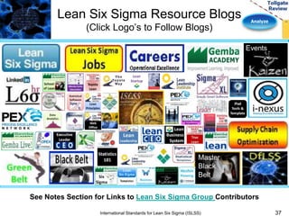 Analyze 
Lean Six Sigma Resource Blogs 
(Click Logo’s to Follow Blogs) 
37 
See Notes Section for Links to Lean Six Sigma Group Contributors 
International Standards for Lean Six Sigma (ISLSS) 
 