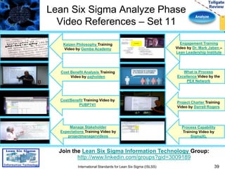 Analyze 
Lean Six Sigma Analyze Phase 
Video References – Set 11 
39 
Kaizen Philosophy Training 
Video by Gemba Academy 
Cost Benefit Analysis Training 
Video by pajholden 
Cost/Benefit Training Video by 
PUBP741 
Manage Stakeholder 
Expectations Training Video by 
projectmanagervideos 
Join the Lean Six Sigma Information Technology Group: 
http://www.linkedin.com/groups?gid=3009189 
International Standards for Lean Six Sigma (ISLSS) 
Engagement Training 
Video by Dr. Mark Jaben – 
Lean Leadership Institute 
What is Process 
Excellence Video by the 
PEX Network 
Project Charter Training 
Video by Darrell Rogers 
Process Capability 
Training Video by 
SigmaXL 
 